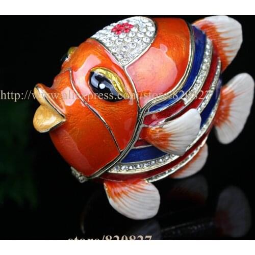 Colorful Tropical Fish Crystals Jewellery Trinket Box Glaze Alloy Decoration Fish Pewter Golden Fish Enamel Trinket Box Figurine