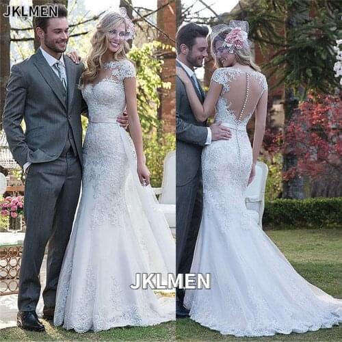 Scoop Neck Lace Appliques Mermaid Wedding Dresses Bride Gowns Pleated Ruched Simple with Detachable Train Long Two Piece 2021