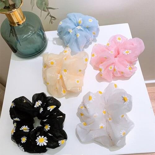 Summer Mesh Embroidered Flower Scrunchie Women Girls Elastic Hair Rubber Bands Accessories Tie Hair Ring Rope Holder Headwear