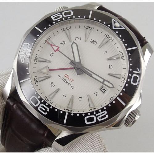 41mm Self Winding Ceramic Bezel Men Watch Automatic GMT Movement Sapphire Glass Leather Strap Date Window