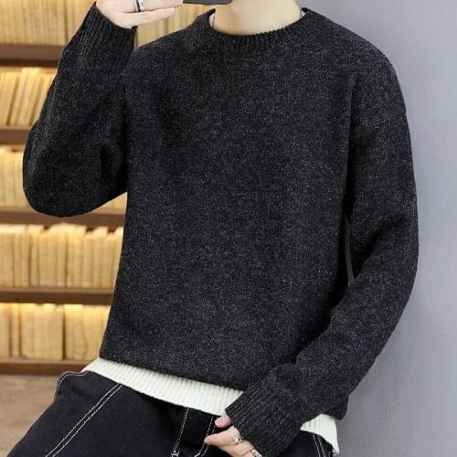 Mens Sweater Solid Color Round Neck 2021 Autumn Sweater Warm Thickened Sweater Sweater with Bottom Shirt Inside