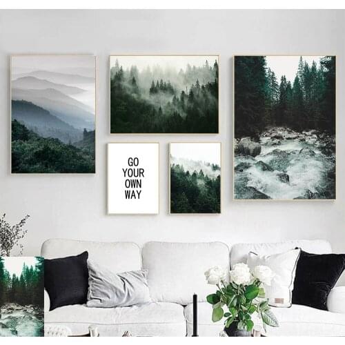 Nordic Nature Landscape Wall Painting Poster Fog Mountain Forest Canvas Print Scenery Wall Art Poster Pictures Living Room Decor