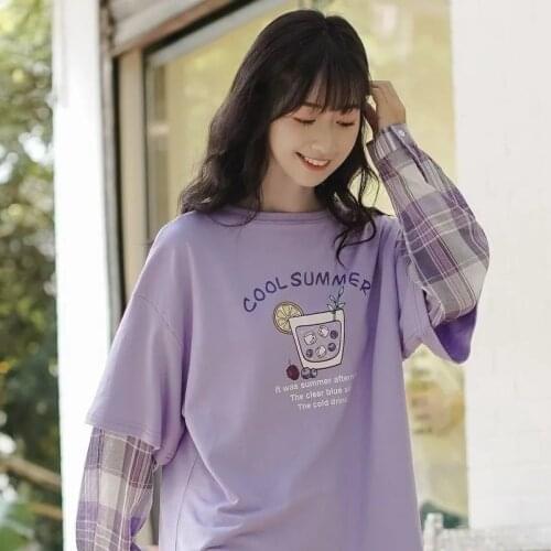 2020 autumn new Korean version of long-sleeved fake two-piece iris purple T-shirt womens loose printing all-match student top
