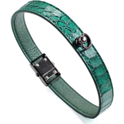 Green Snake Genuine Leather GunMetal Black Button Buckle Choker Necklaces Bracelet NeckCollar Dual Use 41CM