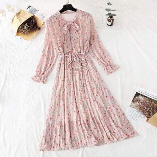 Elegant Women Floral Print Midi Dress Female Casual Long sleeve Pleated Chiffon Dresses Vintage Bow Ruffle A-line Dress Vestido