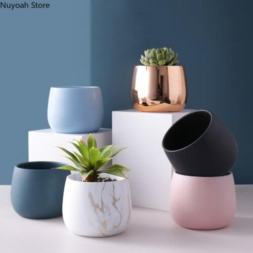 Simple Electroplating Nordic Style Creative Marbled Ceramic Round Fleshy Golden Flowerpot Desktop Green Plants Home Decoration