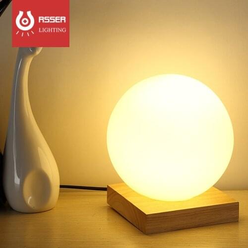 RSSER 15cm Simple Glass Creative Warm Dimmer Night Light Desk Bedroom Bed Decoration Ball Wooden Small Ball Desk Lamp