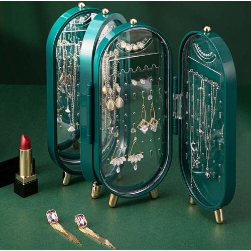 Jewelry Storage Box Earrings Display Stand Bracelet Necklace Ring Organizer Foldable Portable Plastic Jewelry Case With Mirror