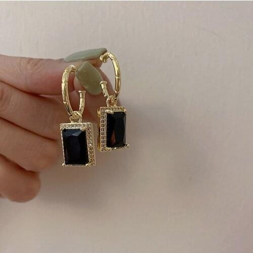 SRCOI Shiny Square Zircon Stone Drop Earring For Women Bridal Wedding Jewelry C Shape With Black Stone Lady Earrings Accessories