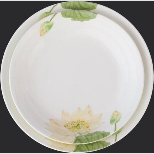 Simple Lotus 8-inch Rice Plate Bone China Plate Ceramic Deep Plate Household Tableware Dishes Round Plate Furnace Application