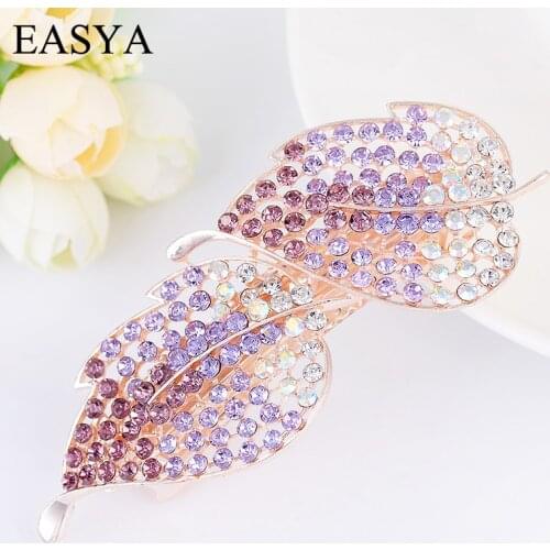 EASYA High Quality Full Crystal Leaf Hairpin Hairwear Jewelry Gold Tone Metal Rhinestone Leaves Hair Clip Barrettes