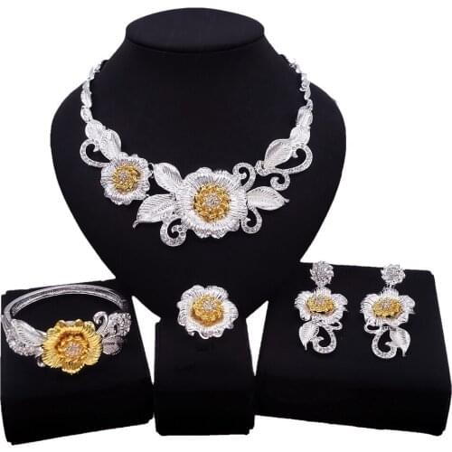 Yulaili Flower Leaf Crystal Necklace Earrings Bracelet Ring Luxury Women Nigerian Wedding Bride Dubai Jewelery Set Wholesale