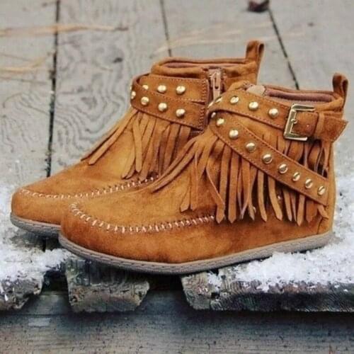 Womens Boots 2020 New Hand-sewn Tassel Short Boots Women Flat Bottom Rivet Buckle Womens Martin Boots Plus Size Botas Mujer