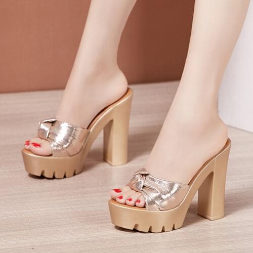 Plus Size 32-43 Platform Slides Summer Wedding Shoes 2021 Open Head Bow High Heels Slippers Ladies Party Office Slipper Shoes