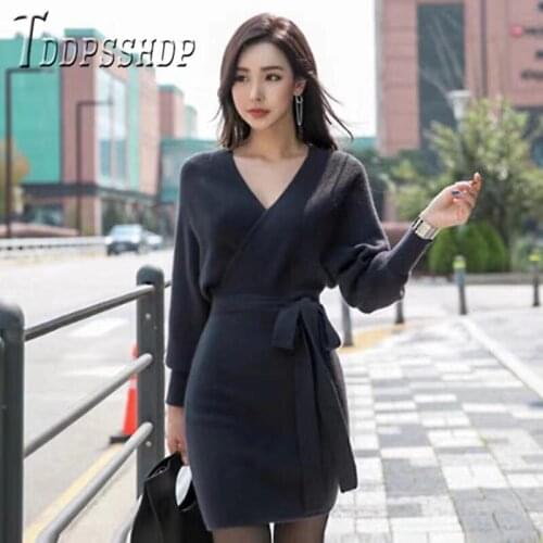 2019 Korean Slim Sexy Autumn Winter Women Dress Knitting Bat Sleeve Female Dresses