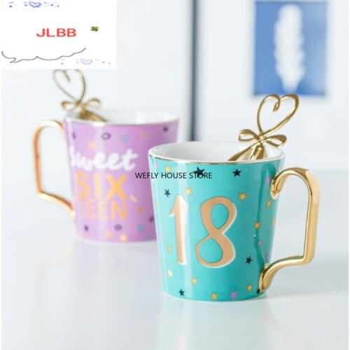 Gold Lucky Numbers Age 16 18 30 Animal Flamingo Cat Ceramic Coffee Mug Breakfast Milk Water Cup Couple Creative Birthday Gifts