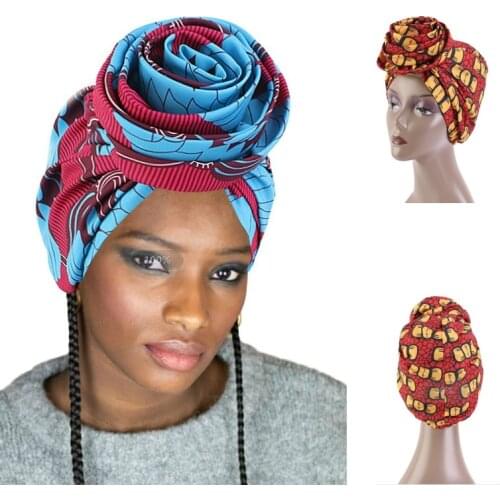 2021 New African Print Stretch Bandana Head Wrap Long Scarf Satin Floral Ankara Women Party Turban Headwear Cap Hair Accessories