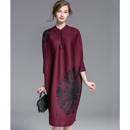 2021 spring womens dress Miyak folds fashion design loose large size long sleeve print womens knee-length dress robes
