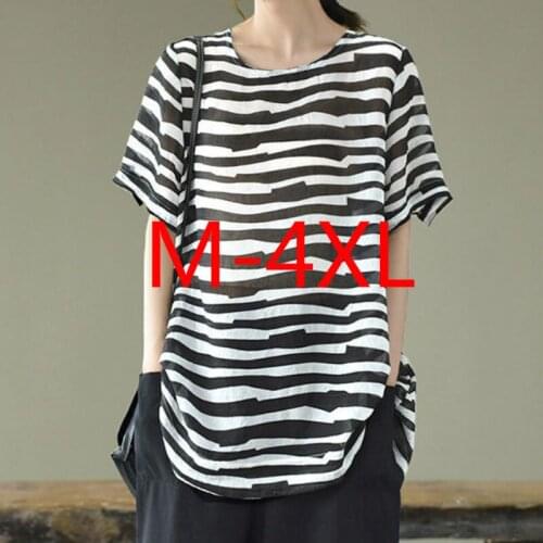 Plus Size Women Shirts O-neck Short Sleeve Striped Long Blouse Thin Summer Tops Oversized Casual Long Blouse Chemise Blusa M-4XL