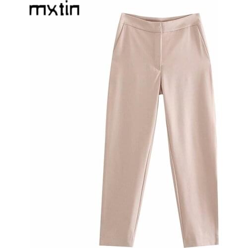 MXTIN 2021 Women Spring Vintage Solid Straight Pants Fashion High Waist Fly Side Pockets Zipper Office Lady Female Ankle Trouser