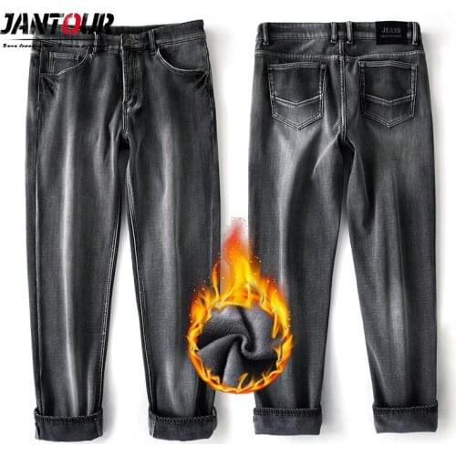 Winter Fleece Gray Loose Jeans Men Fashion Vintage Straight Elasticity Long Pants High Quality Denim Jean Ropa De Hombre 35 40