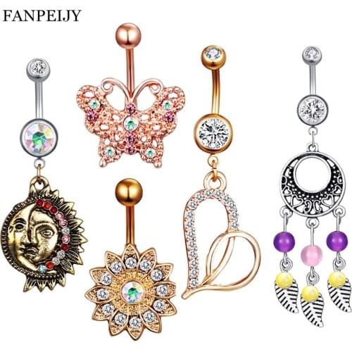 Fanpeijy 5pcs Mix 5 Style Crystal Dangle Woman Belly Button Rings 14g Surgical Steel Belly Body Jewelry Navel Piercing Nombril
