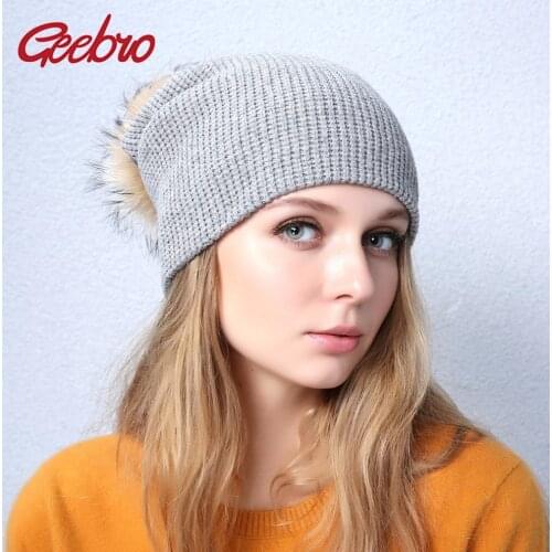 Geebro Brand Womens Pompom Beanie Hat Winter Casual Warm knitted Beanies Hat For Girls Real Fur Pompons Beanie Raccoon Fur Hat