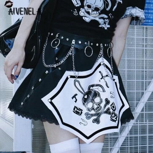Harajuku Gothic Girls Skirt Punk Rivet High Waist Skull Mini A-line Skirts AFC1197