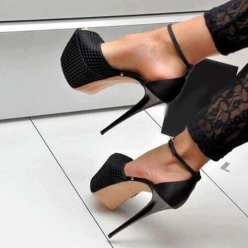 Hot Selling Black Leather High Platform Shoes Ankle Strap Peep Toe Stiletto Heels Gladiator Pumps Size 45 Drop Ship