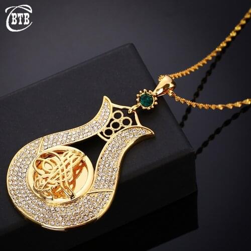 Islamic Muslim Luxury Jewelry Crystal Pendant Necklace Golden Turkish Wedding Party Holiday Gift Lucky Pendant Does Not Fading