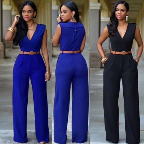 Women sashes high waist v-neck loose wide leg pants summer jumpsuit Casual Rompers overalls for female women jumpsuits women