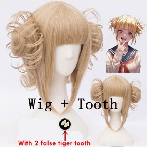 Tokyo My Hero Academia Himiko Toga Cosplay Wig Boku no Academia Styled Chip Ponytails with 2 false tooth + wig cap