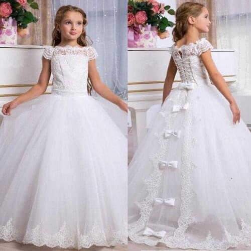Lace Flower Girl Dresses For Wedding Birthday Pageant Short Sleeve Cut Out Back Lace Up Ruffle Tulle Ball Gown