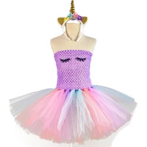 Cute Baby Girls Pastel Unicorn Tutu Dress Kids Crochet Dresses with Flower Hairbow Children Birthday Party Cosplay Costume Dress