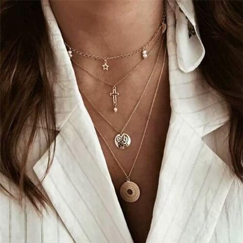Fashion Gold Multi layer Pendant Necklaces For Women Bohemian Geometric Long Charm Chain Necklace Choker Jewelry Wholesale Gifts