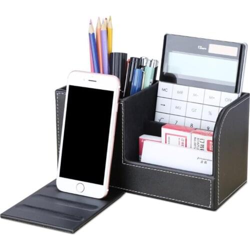 XRHYY Black 3 Compartment Leather Desk Organizer Card Pen Pencil Mobile Phone Office Supply Holder Collection Desktop Organizer