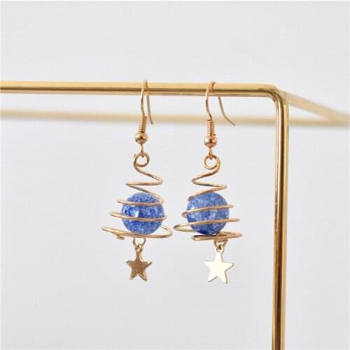 2021New Korean Japan Lovely Blue Universe Planet Star Drop Earrings Cute Space Hollow Spiral Tree Earrings For Women Girl Gift