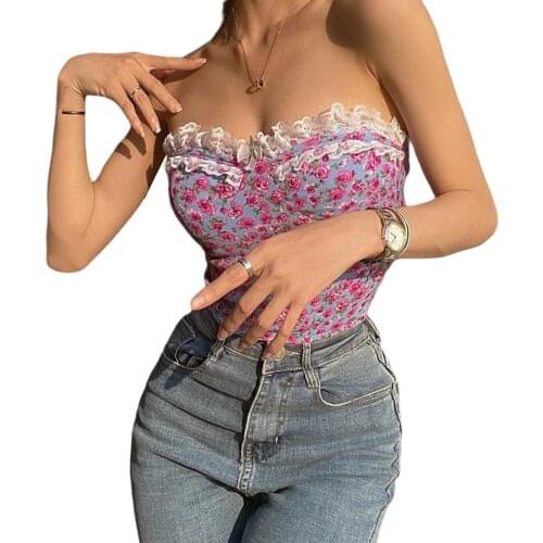 2021 New Womens Sexy Sleeveless Off Shoulder Tops, Girls Low Collar Flower Printing Vest, Casual Tight Backless Clothing