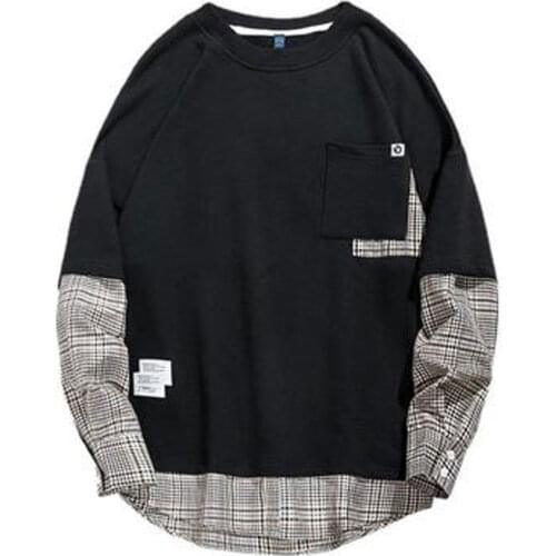 Spring And Autumn New Mens Fake Two-piece Plaid Casual Loose Trend Hip-hop High Street Round Neck Cotton All-match Sweatshirt