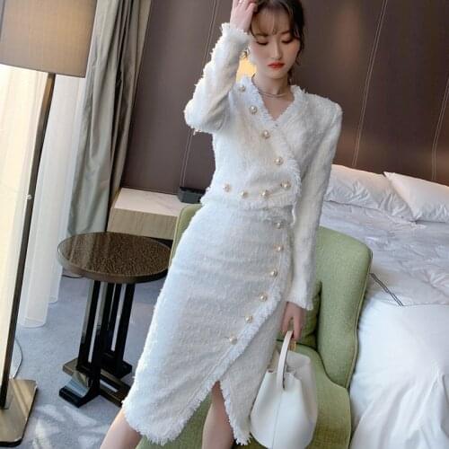 New arrival thick warm women sets slim short jacket and pencil skirt temperamental white elegant two pieces women sets