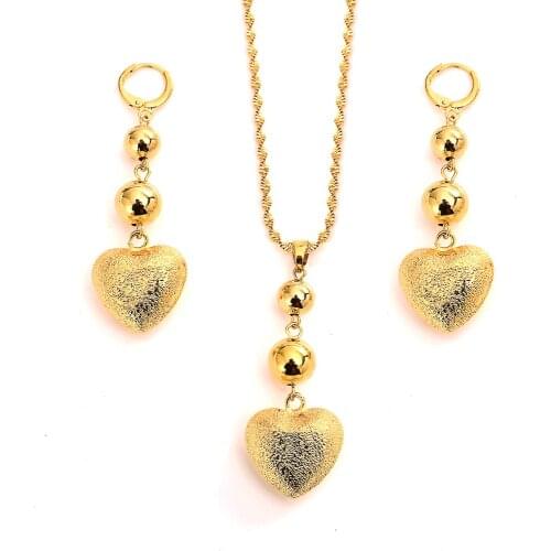 Heart Gold Color Pendant Necklace drop Earrings beads ball Jewelry Sets for Women Girls wedding party gifts