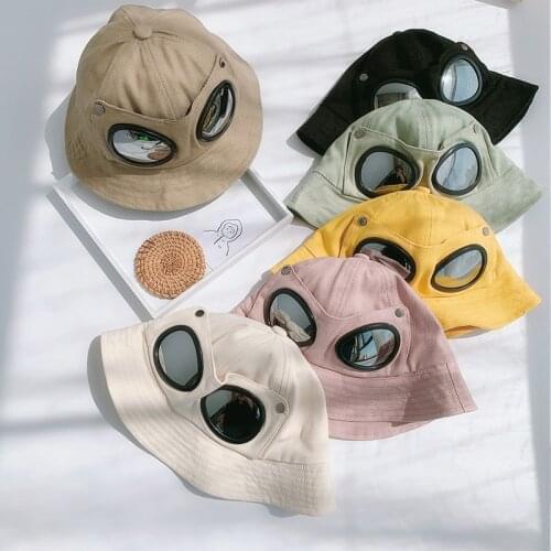 Summer Winter Boy Bucket Hat With Glasses Cotton Cap Child Unisex Casual Girl Kids Outdoors Watch Bonnet