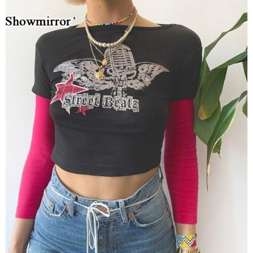 Showmirror Goth Printed E Girl Y2K T-Shirts Women Patchwork Long Sleeve Cotton T-SHIRT Baby Tee Aesthetic Cute Crop Tops Autumn