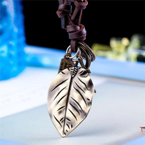 Vintage Gold Leaf Pendants Long Necklace for Women necklaces & pendants Adjustable Leather Rope Bronze Statement Jewellery 2021