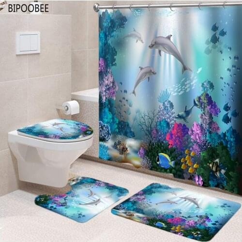 Ocean Dolphin Deep Sea Shower Curtain Polyester Waterproof Bathroom Curtains Pedestal Rug Toilet Lid Cover Bath Mat Set