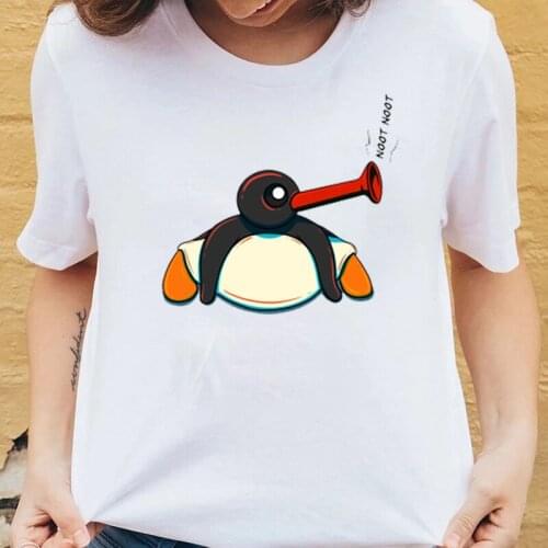 2021 New Product Kawaii Pingu Pattern Print Tshirt Women Summer Cotton Neck Female Tops Hipster Black White Style Streetwear Tee