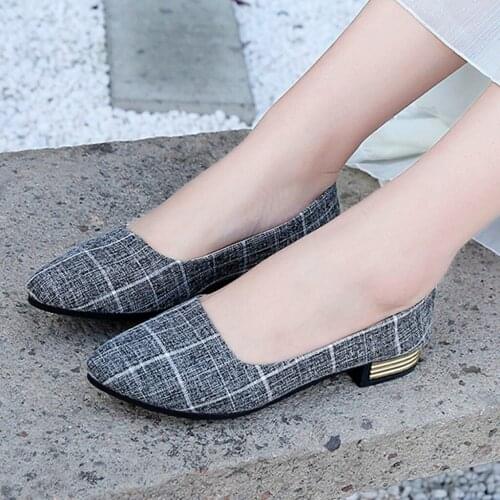 Women Casual Lattice Shoes Ladies Fashion Gingham Pointed Toe Loafers Casual Singles Canvas Shoes Slip-on Flats Plus size