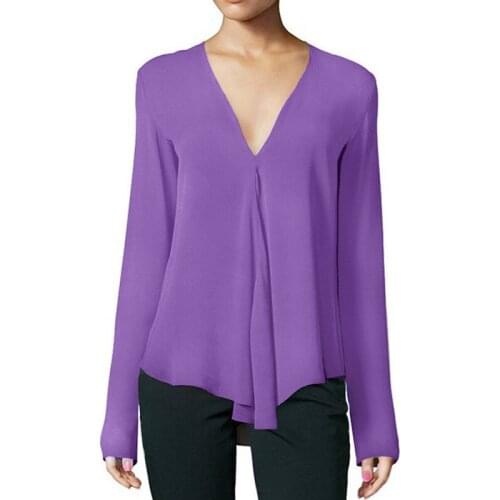 New Summer Women Long Sleeve Chiffon Blouses Ladies Fashion Casual Solid V-Neck Shirts Tops Size S-6XL