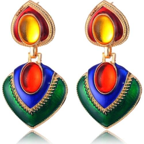 2020 Fashion Vintage Exaggeration Boho Enamel Heart Dangle Teardrop Earrings For Women