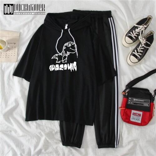 Duckwaver New Cute Style Summer Cartoon Printed 2 Piece Sets Women Short Sleeve Hoodie + Quality Black Elastic Cargo Pants Suits